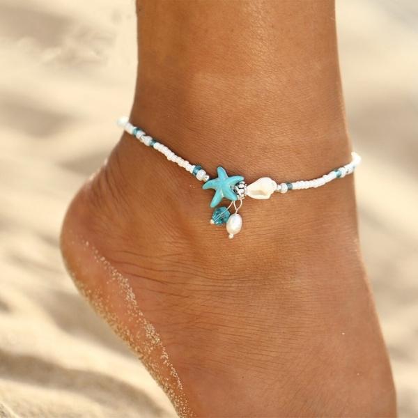 Zapestnica za gleženj z zvezdami in školjkami ter naravnimi kamni