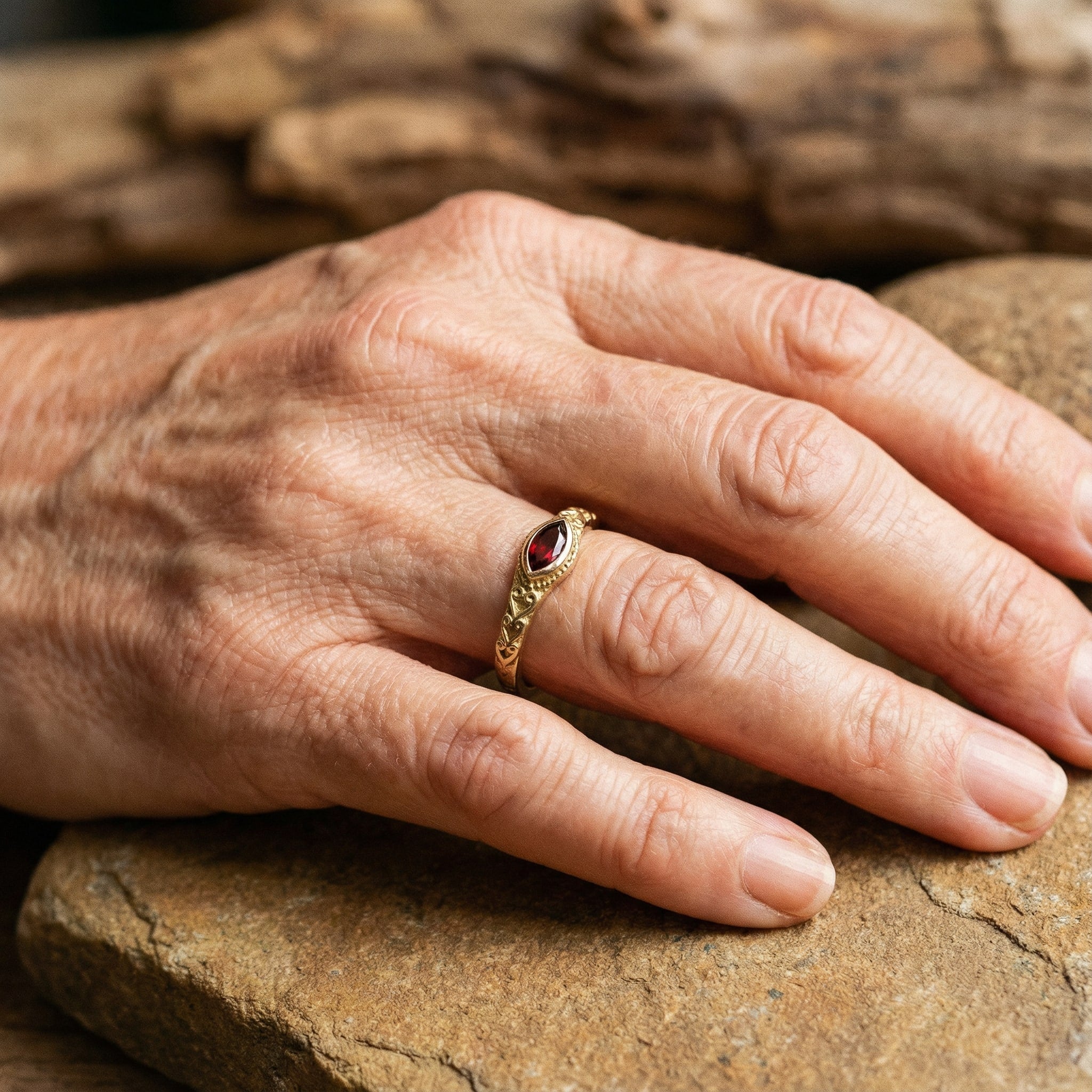 Anillo Vintage Dorado con Cristal Rojo