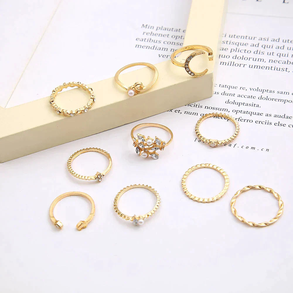 Conjunto de 10 Anillos Bohemios Baño de Plata y Oro