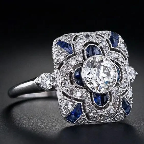 Anillo Vintage en Plateado con Zirconia Azul