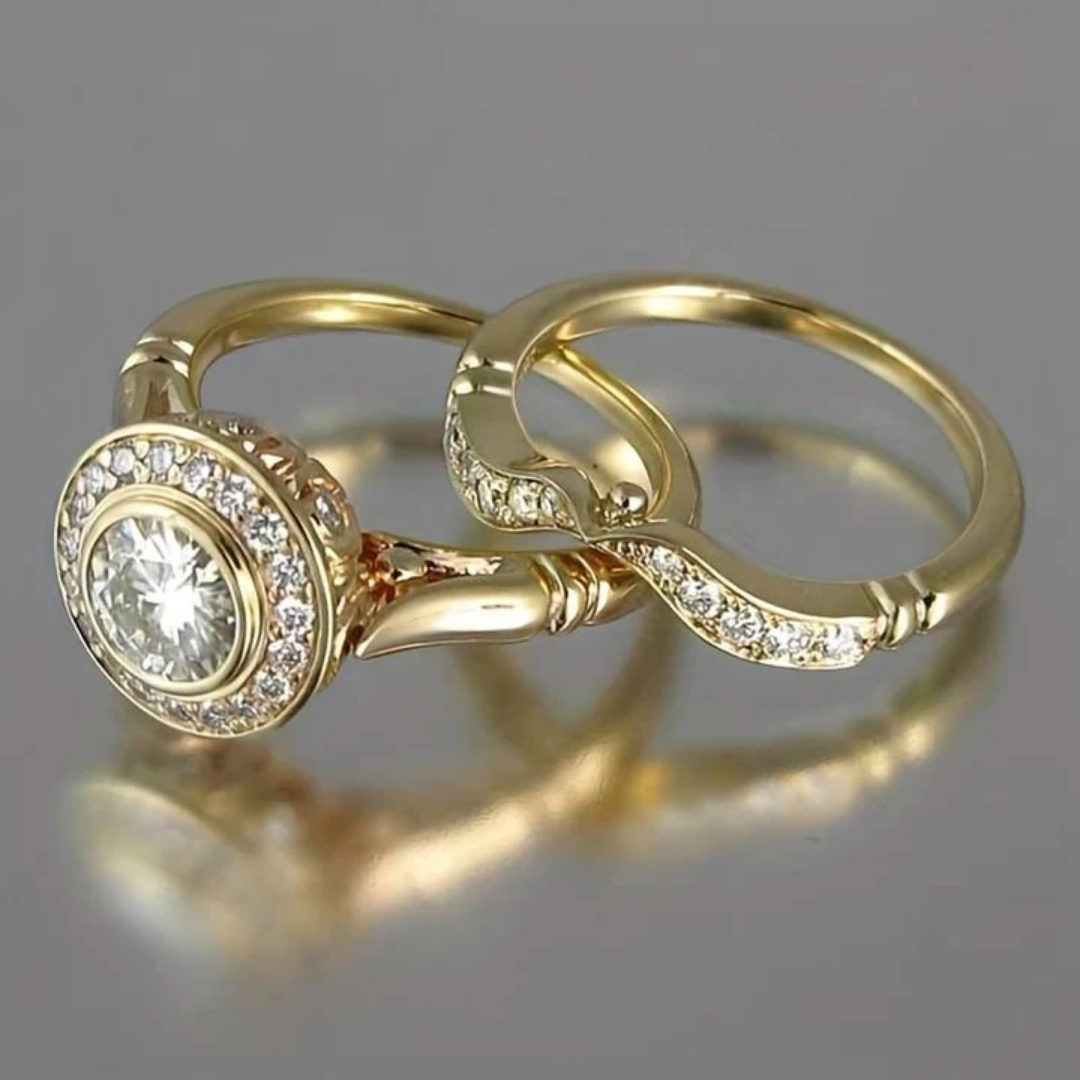 Conjunto de anillos vintage en oro y circonita